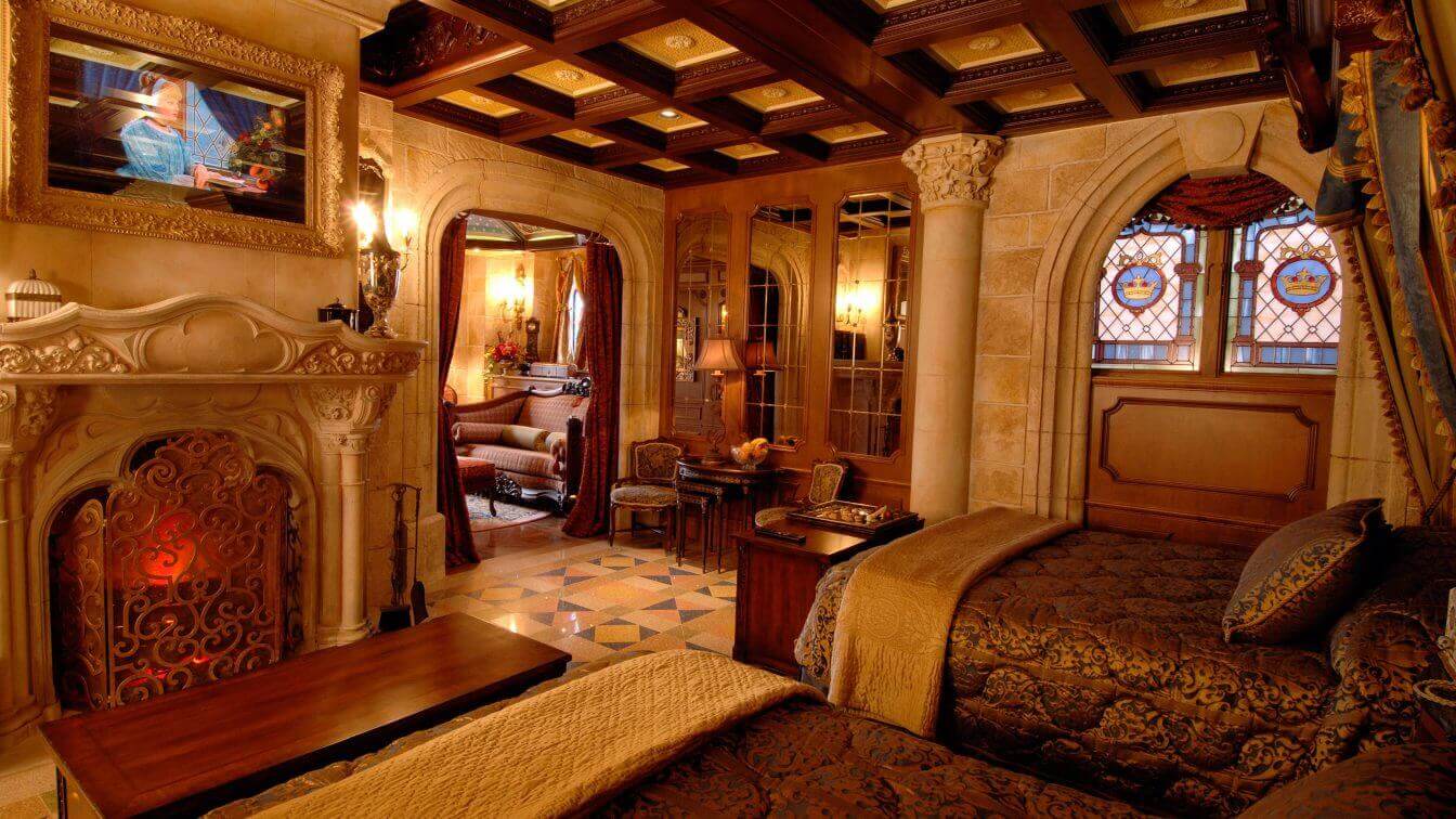 The bedroom in the Cinderella Castle Suite at the Magic Kingdom at Walt Disney World in Lake Buena Vista, Florida