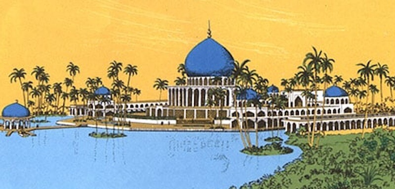 Concept artwork for the "Persian Resort," a planned hotel at Walt Disney World in Lake Buena Vista, Florida that was scrapped due to the 1973 Oil Crisis.