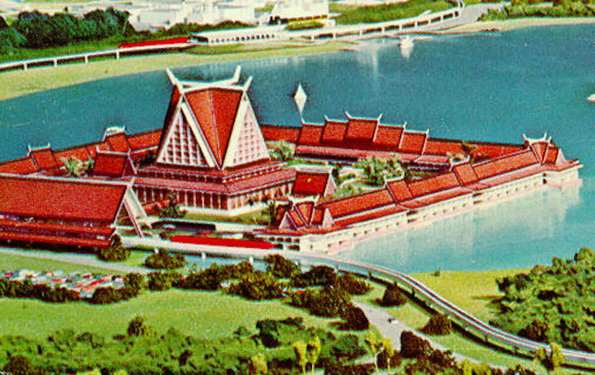Concept artwork for the "Asian Resort," a planned hotel at Walt Disney World in Lake Buena Vista, Florida that was scrapped due to the 1973 Oil Crisis.
