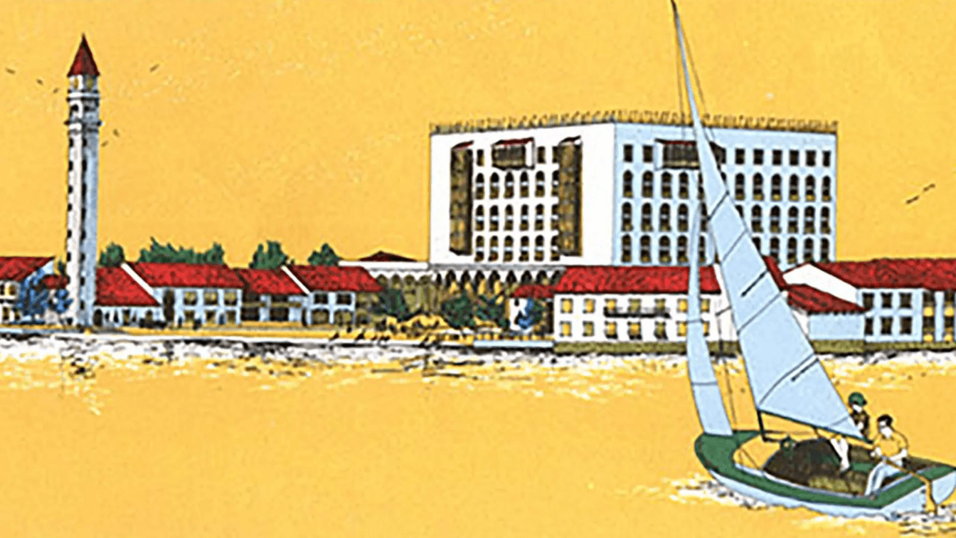 Concept artwork for the "Venetian Resort," a planned hotel at Walt Disney World in Lake Buena Vista, Florida that was scrapped due to the 1973 Oil Crisis.